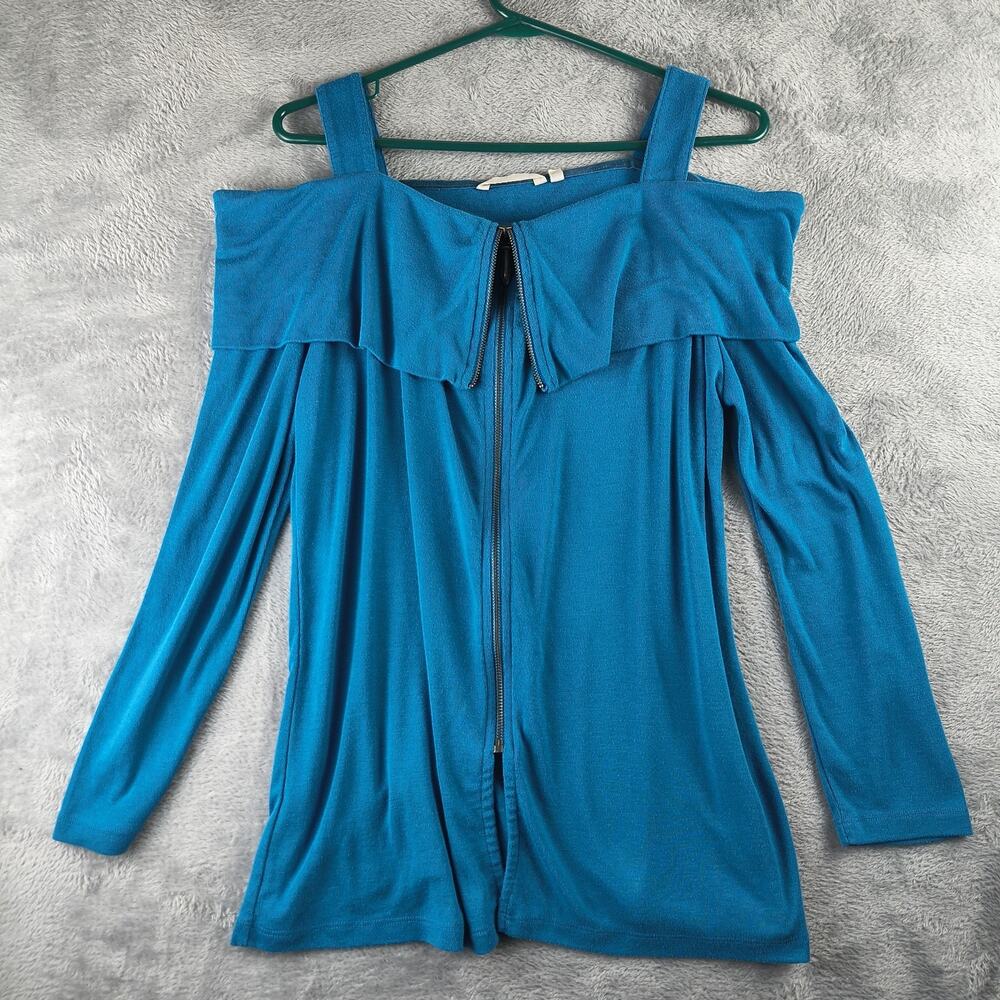 Soft Surroundings Long Sleeve Cold Shoulder Size PL Zip Up Blouse Top Teal